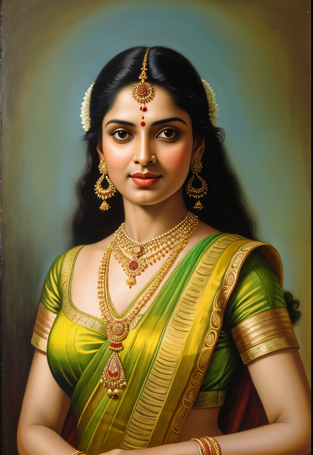 painting of a woman in a sari with a necklace and earrings, inspired by Raja Ravi Varma, szukalski ravi varma, portrait of a beautiful goddess, by Raja Ravi Varma, indian goddess, traditional beauty, a stunning portrait of a goddess, inspired by T. K. Padmini, indian art, indian goddess of wealth, portrait of a goddess