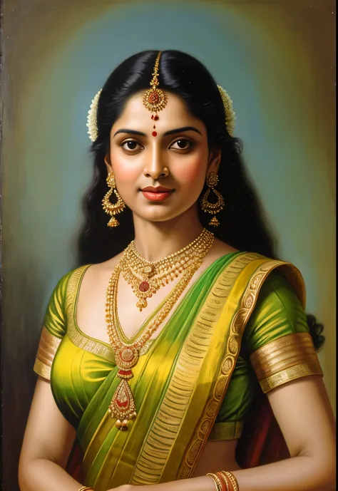 painting of a woman in a sari with a necklace and earrings, inspired by Raja Ravi Varma, szukalski ravi varma, portrait of a bea...