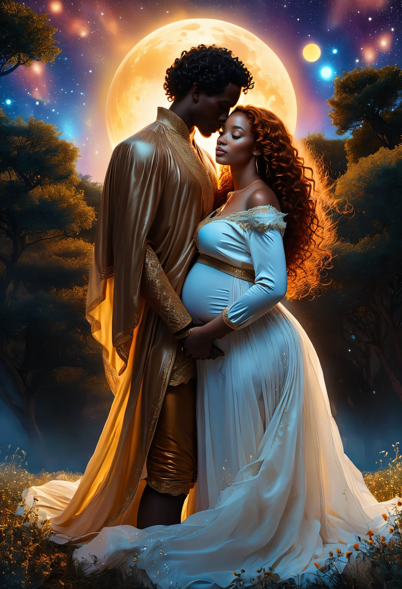 In a celestial landscape, two people dressed luxuous, they are all darkskin,  (((one darkskin ginger hair pregnant1.5 woman))) and (((one short brown hair woman))), (they are two différent and separate couple1.2). (Two couple of four people:1.2). The first couple is a darskin duke long dark curly hair with a ginger long hair pregnant woman. The second couple is a darkskin duke curly dark hair with a short brown hair woman
