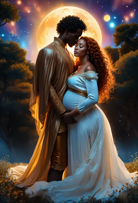 In a celestial landscape, two people dressed luxuous, they are all darkskin,  (((one darkskin ginger hair pregnant1.5 woman))) a...