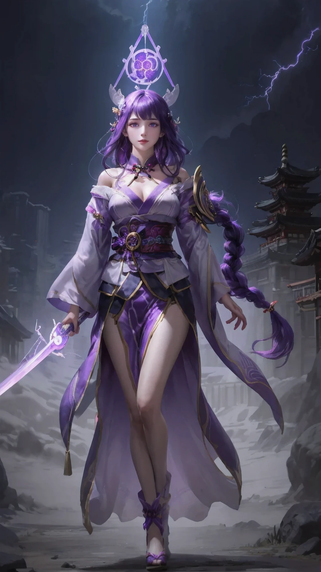 1girl,urple hair, purple eyes, glowing eyes, purple kimono, huge :1.2, holding a sword, electricity, lightning, Artifacts,purple magic, aura, full body,magic circle, braids,very long hair,hair flowe,Off shoulder, Raiden_shogun is pulling a blade from her chest, raiden shogun,purple hair, Daofa Rune, keqing (genshin impact),chinese_clothes,police,white_dress