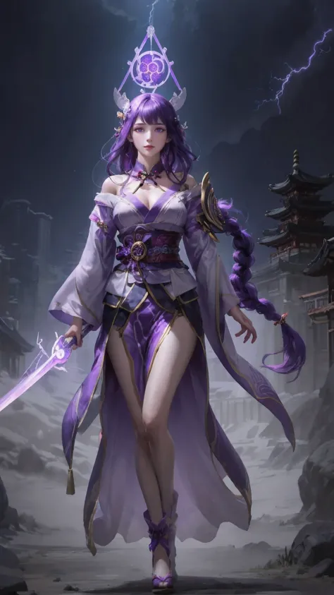 1girl,urple hair, purple eyes, glowing eyes, purple kimono, huge :1.2, holding a sword, electricity, lightning, Artifacts,purple...