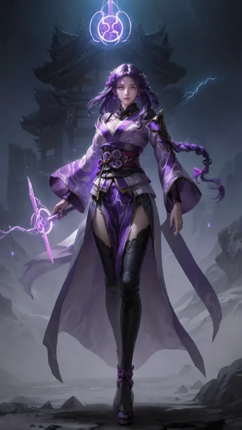 1girl,urple hair, purple eyes, glowing eyes, purple kimono, huge :1.2, holding a sword, electricity, lightning, Artifacts,purple...