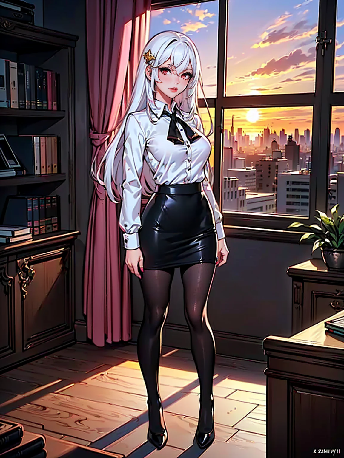 ((1girl, solo, alone, Ninym, white hair, red eyes, hair ornament, small breasts, long hair, fitness)), ((solo, (1woman, pink lipstick), Extremely detailed, ambient soft lighting, 4k, perfect eyes, a perfect face, perfect lighting, a 1girl)), austere, ((officelady, (businesswoman, black suit, black tight skirt), White blouse, Black tights, Office, lana, Beautiful woman, gazing at viewer, Looking here, hight resolution, top-quality, full body, animations, illustratio, office, penthouse, executive room, large window, landscape of a metropolis, sunset, clouds)), documents, books, table, shelves, pencil holder, computer