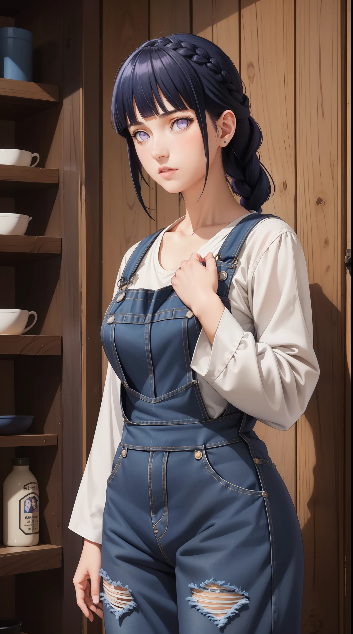 masterpiece, best quality, ultra-detailed, illustration,1girl,
long hair, dark blue hair, french braid, purple eyes, blunt bangs, 
shirt, (denim overalls:1.1),
medium breast,  
looking at viewer, hinata\(shippuden\)