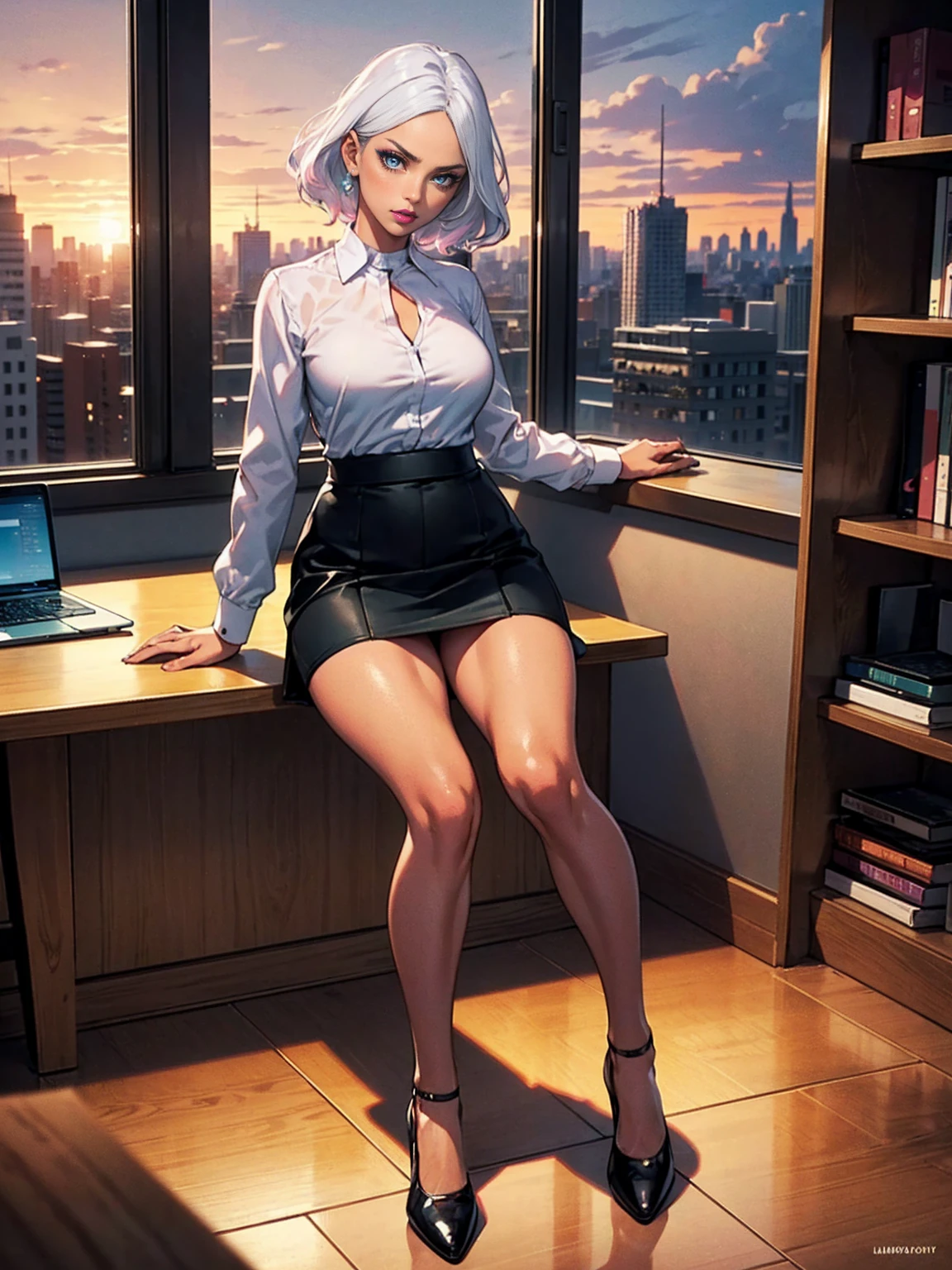 ((1girl, solo ,alone, shor hair, white hair, green eyes, small breasts, dark, tanned skin, fitness)), ((solo, (1woman, pink lipstick), Extremely detailed, ambient soft lighting, 4k, perfect eyes, a perfect face, perfect lighting, a 1girl)), austere, ((officelady, (businesswoman, sitting on the table) (Black suit, Black tight skirt), White shirt, dress shirt, Black tights, Office, lana, Beautiful woman, gazing at viewer, Looking here, hight resolution, top-quality, full body, animations, illustratio, office, penthouse, executive room, large window, landscape of a metropolis, sunset, clouds)), documents, books, table, shelves, pencil holder, computer