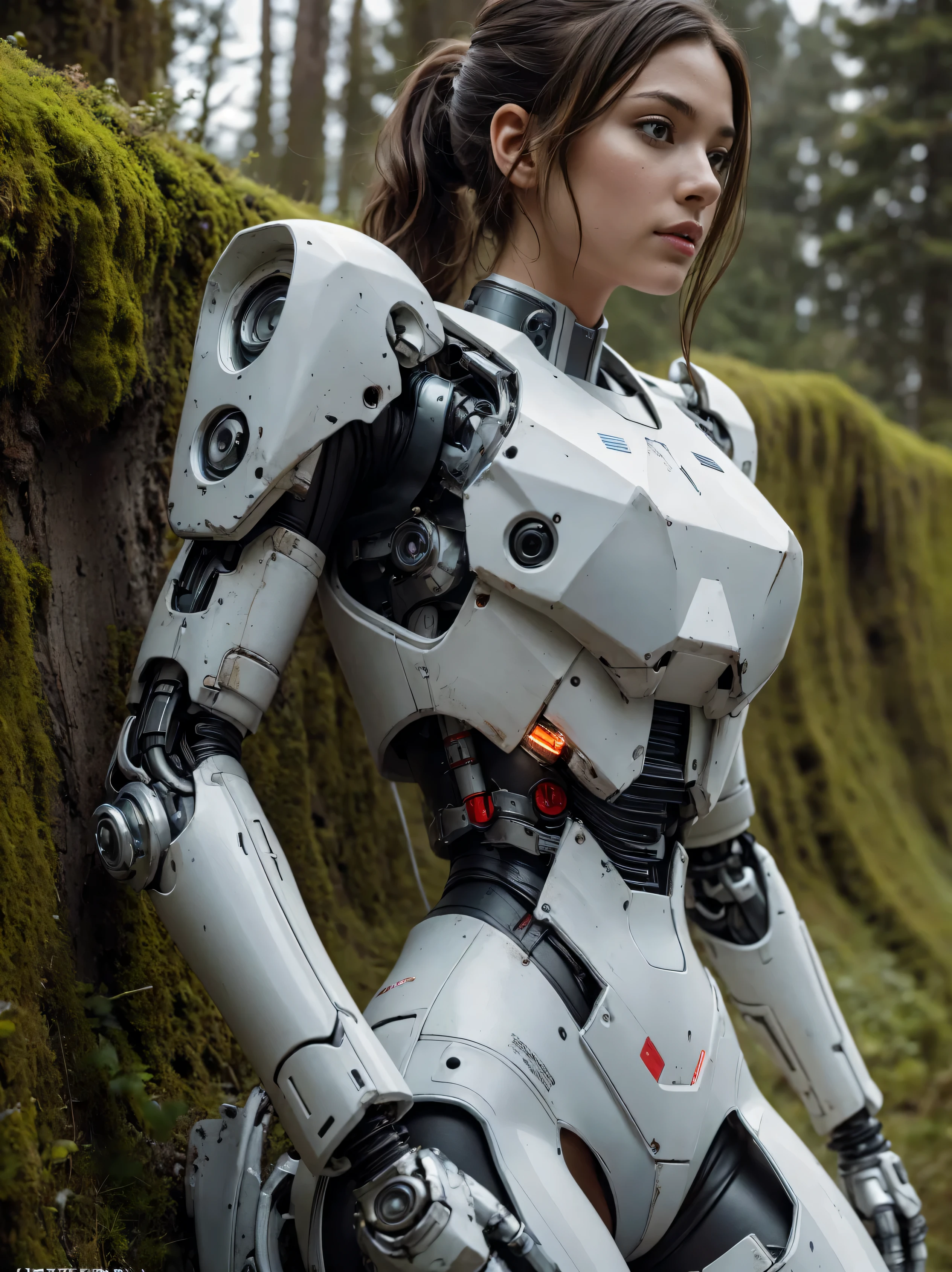 ((masterpiece, highest quality, Highest image quality, High resolution, photorealistic, Raw photo, 8K)), Abandoned robot soldier on battlefield, broken and immobile, rust and moss showing passage of time, female cyborg body, female body, biomechanical , extra detailed body, blowjob white mech, white biomechanical details, detailed body, shiny white armor, cybernetic body, eva unit-00 on back, full body details, 