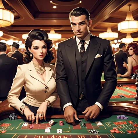 Vintage gangsters woman and man playing casino