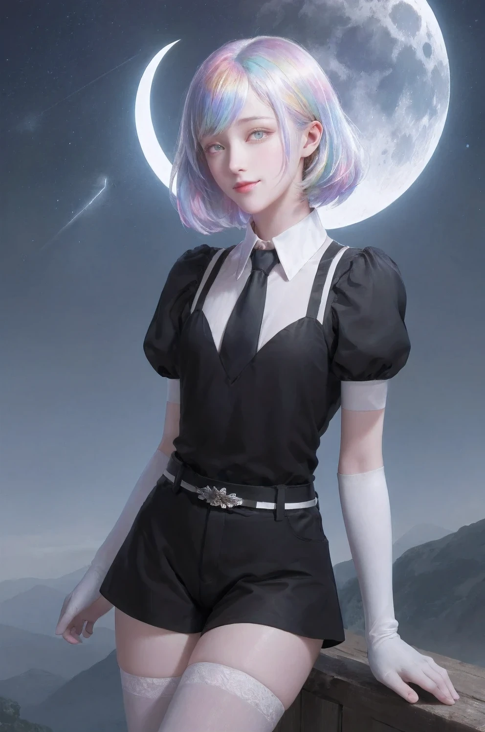 masterpiece, best quality, diamond, multicolored hair, multicolored eyes, black shirt, suspenders, elbow gloves, necktie, short shorts, belt, white thighhighs, looking at viewer, arms behind back, smile, sky, night sky, stars, moon