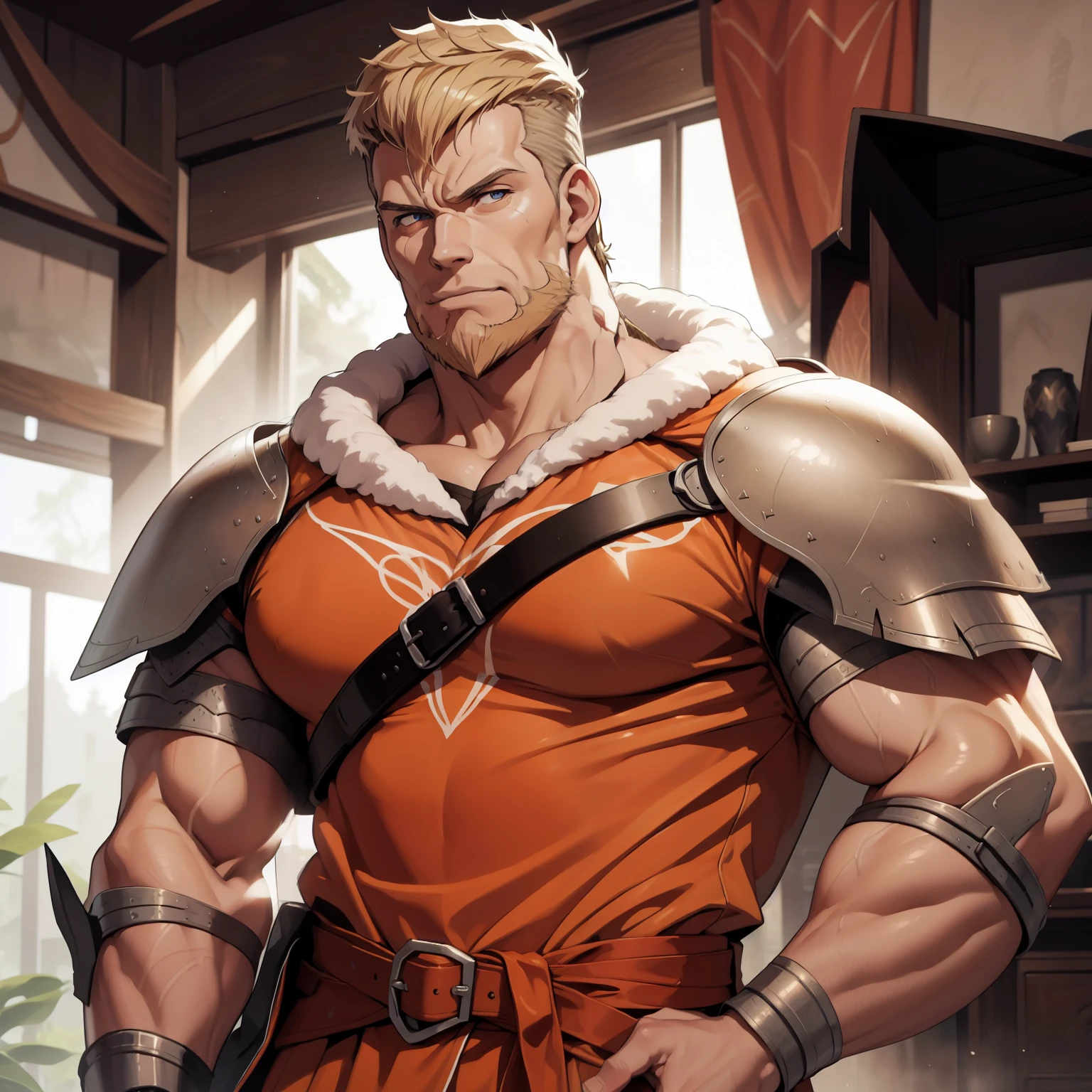 A muscular old warrior, Lewd, Stately, looking 60 years old, lateral view, fully body, blue colored eyes, blond short hair , thick long blond beard, wide pectorals, sexy pecs, bare arms, no armor, he is very angry, pose Stately, his wearing cleavage orange robe, chest neckline, nsfw, huge protrusion in the crotch, big bulge, visibe penis line, Wonderful highly detailed masterpiece, beautiful cinematic light deep focus, chic, digitalpainting, seeds, sharp focus, golden ratio, dramatic lighting, 8k