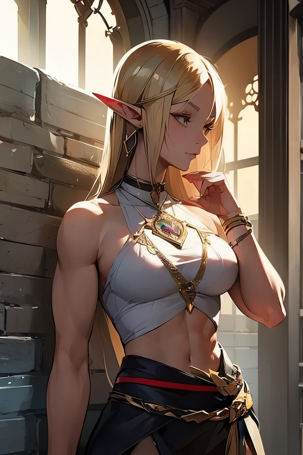 ((masterpiece, best quality)), there is a blonde woman standing in front of a wall, (elven ears), female elf, portrait of female elf, stunning character art, character art, of a beautiful female elf, athletic body, muscular:1.3, Well trained, abs, epic exquisite character art, character art portrait, rossdraws 1. 0, high quality digital concept art, beautiful female warrior