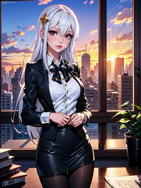 ((1girl, solo, alone, Ninym, white hair, red eyes, hair ornament, small breasts, long hair, fitness)), ((solo, (1woman, pink lip...