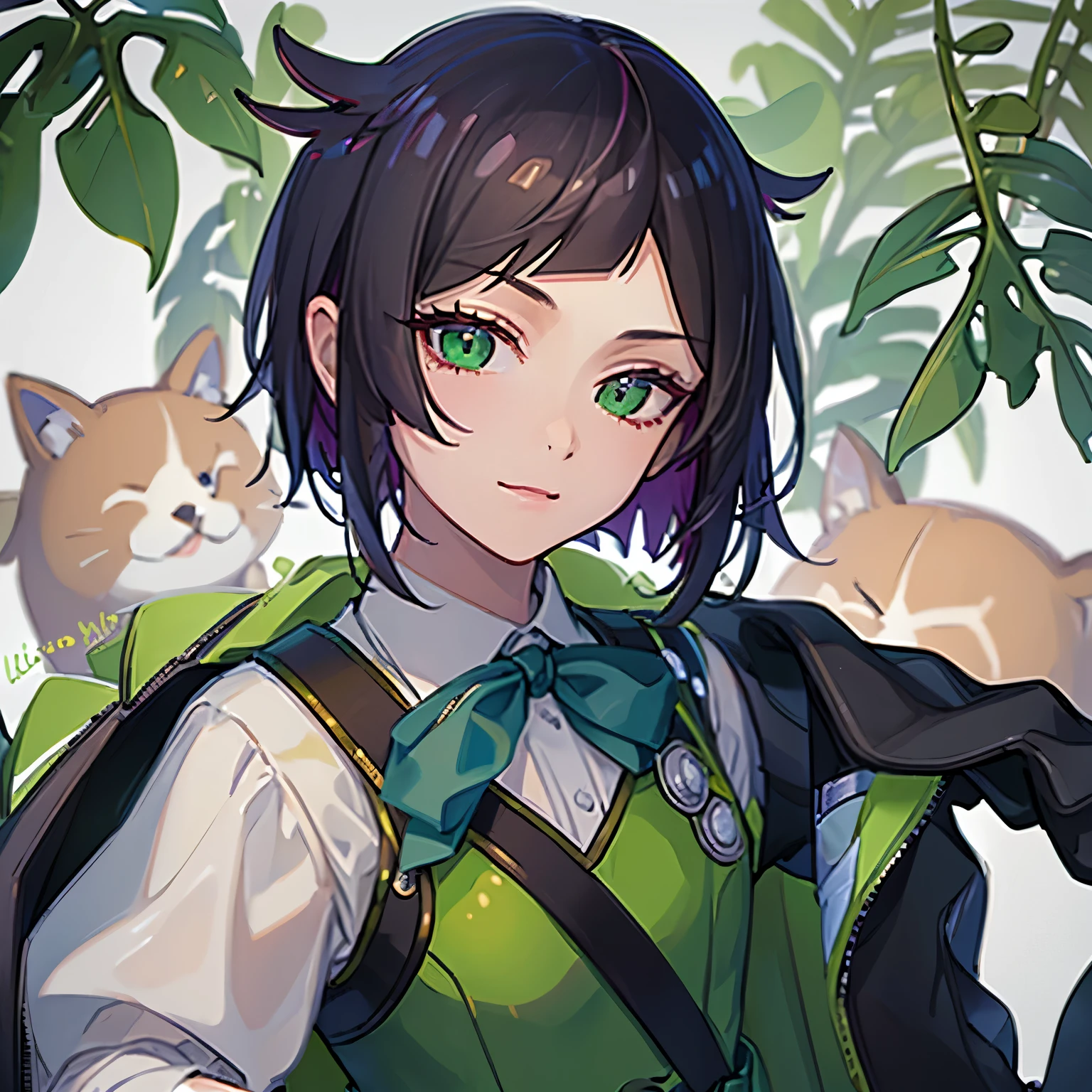 ((best quality)), ((masterpiece)), (detailed), perfect face, selfie, 1 boy, hand holding iphone, green vest and ribbon, lilia vanrouge, twisted wonderland