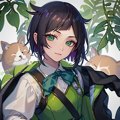 ((best quality)), ((masterpiece)), (detailed), perfect face, selfie, 1 boy, hand holding iphone, green vest and ribbon, lilia va...