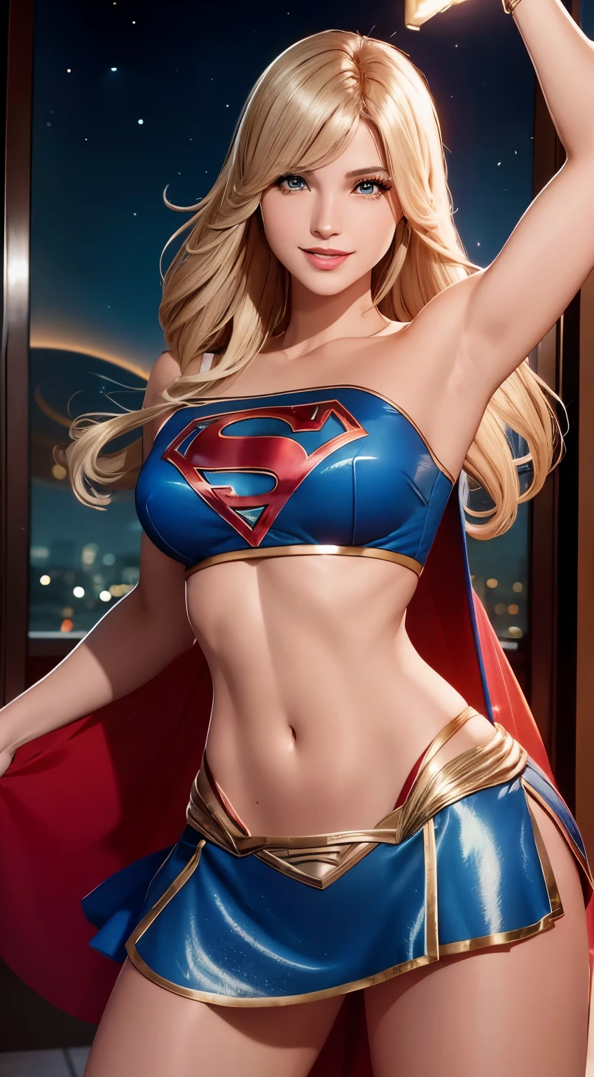 Alta calidad cinematográfica, fotografía profesional, escena de fantasía, Supergirl deteniendo un misil, Supergirl viste traje negro y dorado, terno sexy,con una capa flotante y un "s" En el pecho. Totalmente sexy en pose dinámica sensual, Fantasía Sexy Supergirl . Se pone las manos en el pelo rubio de forma sensual., hermosa sonrisa con dientes blancos perfectos. 