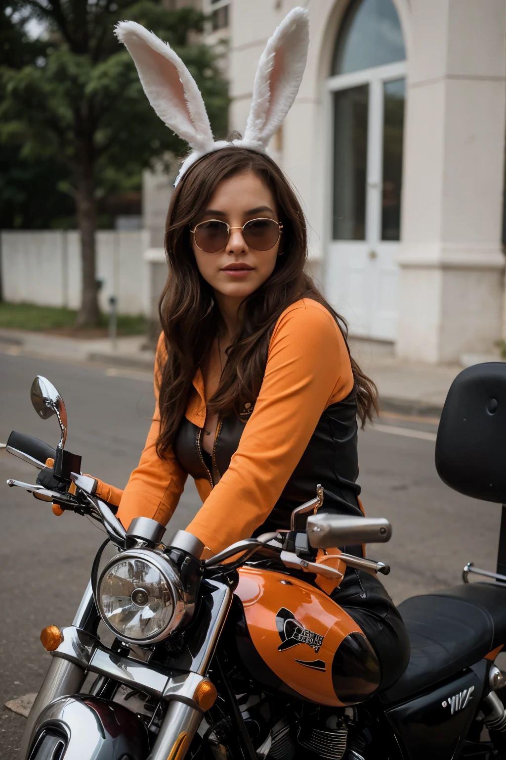 Woman wearing bunny ears on a motorcycle in the street - SeaArt AI