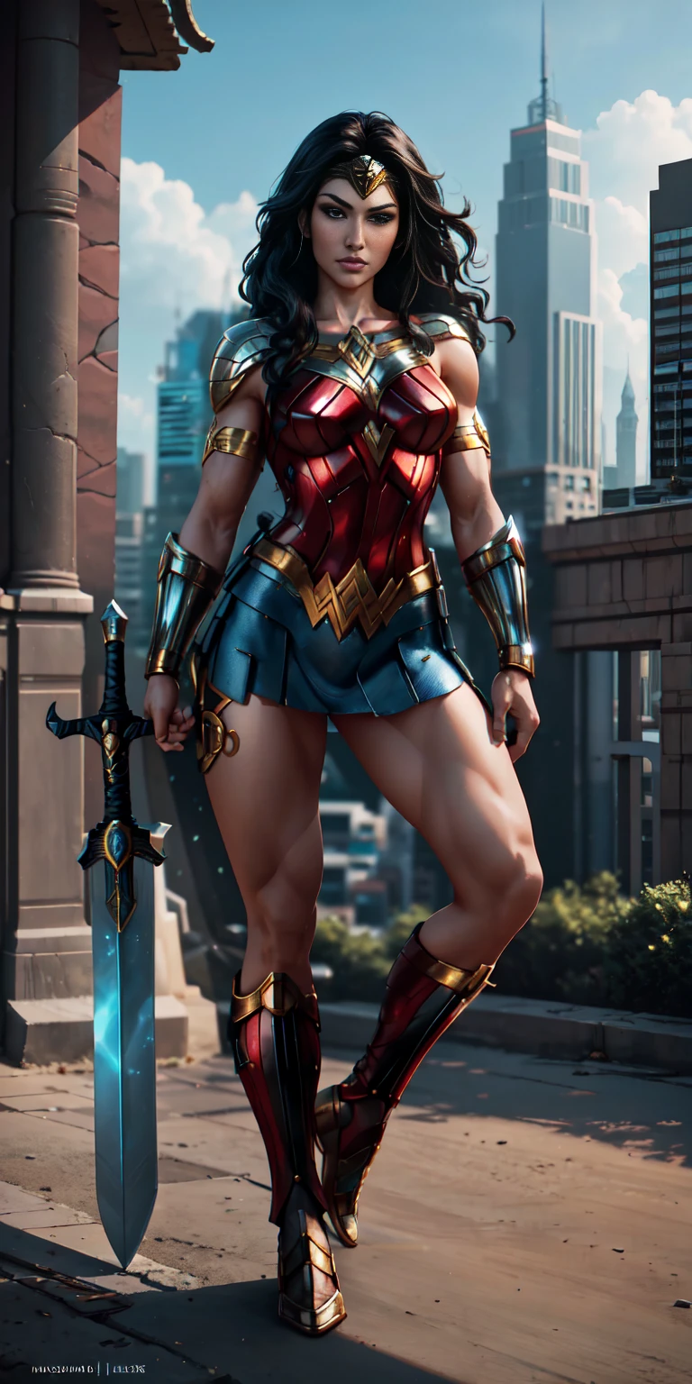 (((full body photo))) Wonder Woman stands imposingly in a city on Themyscira. A sword in your hands. The day highlights your muscles. The setting is lush and mysterious, with futuristic technology and surroundings. The camera details everything, a warrior woman, in front of you.
