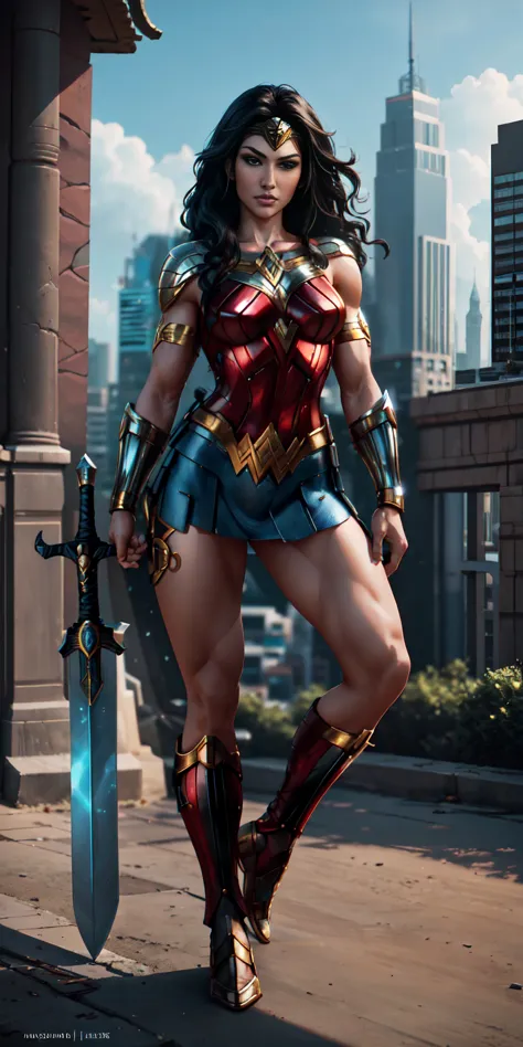 (((full body photo))) Wonder Woman stands imposingly in a city on Themyscira. A sword in your hands. The day highlights your mus...