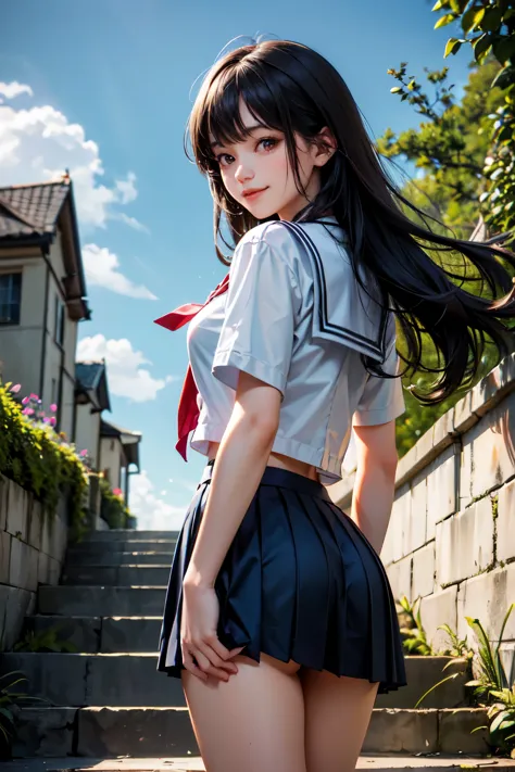 very cute and beautiful girl,(highly detailed beautiful face),
(smile:1.2),sailor school uniform,pleated navy blue mini skirt,
(...