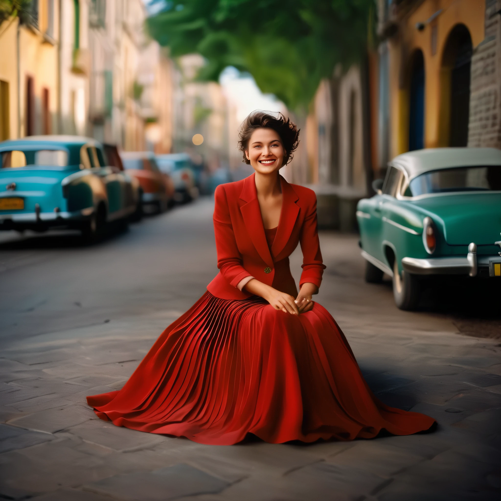 A smiling, authentic, (shy:1,3), kind, beautiful woman, is passionately in love with her skirt, sitting down on the ground while wind lifts her skirt, wearing short blazer and very, very detailed (long (fully pleated) full circle skirt) and (low heeled court shoes), very, very intricate hyper-detailed symmetric (attractive graceful young feminine face) with (sad, tired eyes and a loving smile), very voluptuous breasts, full of empathy and compassion and love, (pronounced (feminine) features), (highly detailed ultra accurate realistic) hands and fingers, (windy), epic composition, highly detailed attributes, (35mm f1.4 Kodak portra 400 photograph), extremely high quality RAW photograph, highly detailed atmosphere, sci-fi, cinematic shot, dynamic lighting, 75mm, Technicolor, Panavision, cinemascope, sharp focus, fine details, 8k, HDR, realism, realistic, key visual, film still, superb cinematic color grading, depth of field