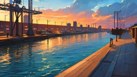 visual novel background, train station at a port city, ocean in background, fantasy train station, wooden benches around train s...