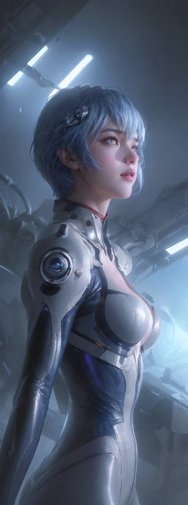 (from below,upper body:1.5),rei ayanami,30 years old,evangelion body suit,dark,blue hair,beautiful detailed eyes,beautiful detailed lips,extremely detailed eyes and face,long eyelashes,serious expression,futuristic city backdrop,neon lights,blue and purple color palette,studio lighting,vivid colors,ultra-detailed,realistic,photorealistic,photo-realistic,Raw,16K,ultra high res,cinematic shot,twilight lighting,volumetric lighting,dramatic lighting,(photorealistic,realism,depth_of_field:1.5),