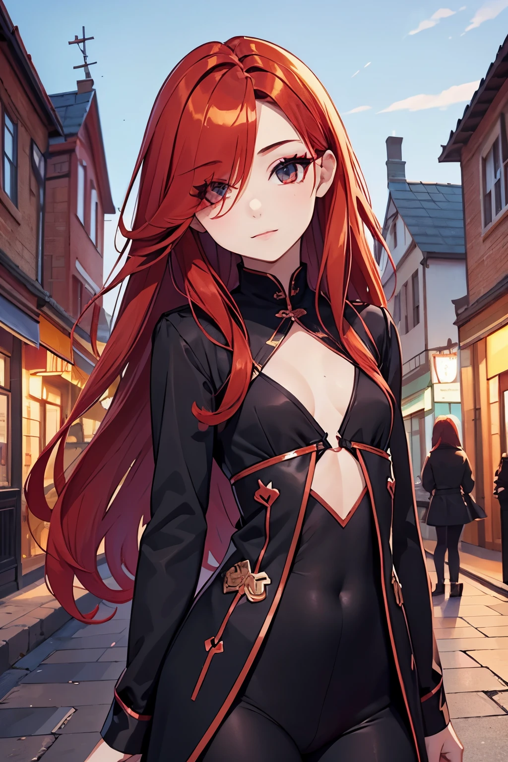  girl、he is short、small breasts、girl with long orange red hair、flat chest、、hair covering right eye、Black Witch Clothes、Have fun with your fellow girls、with town background