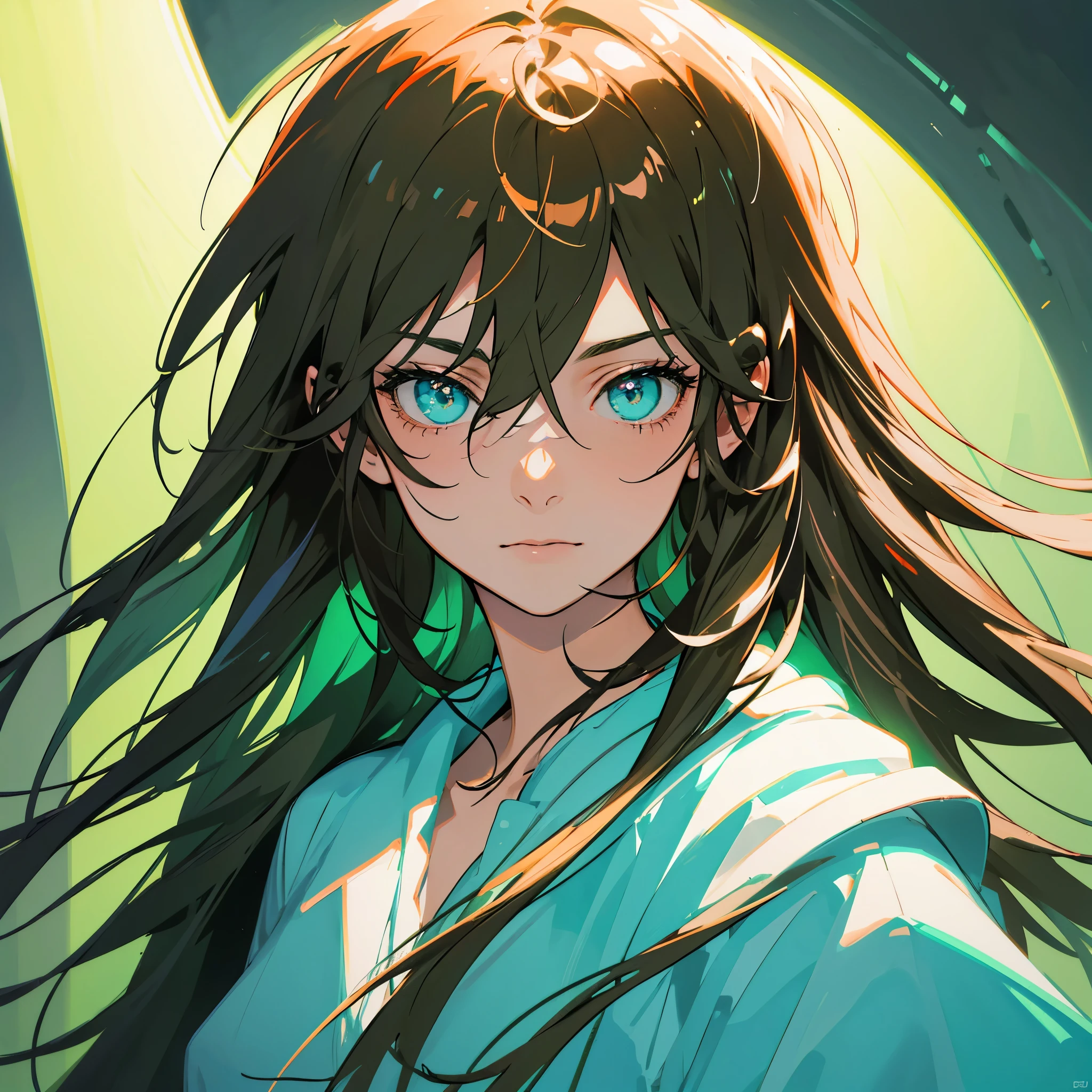 beautiful girl, close-up, darkness, dark picture, light hair, green neon eyes glowing in the dark, light shine on the side of hair and fase, anime picture, perfect symmetrical eyes