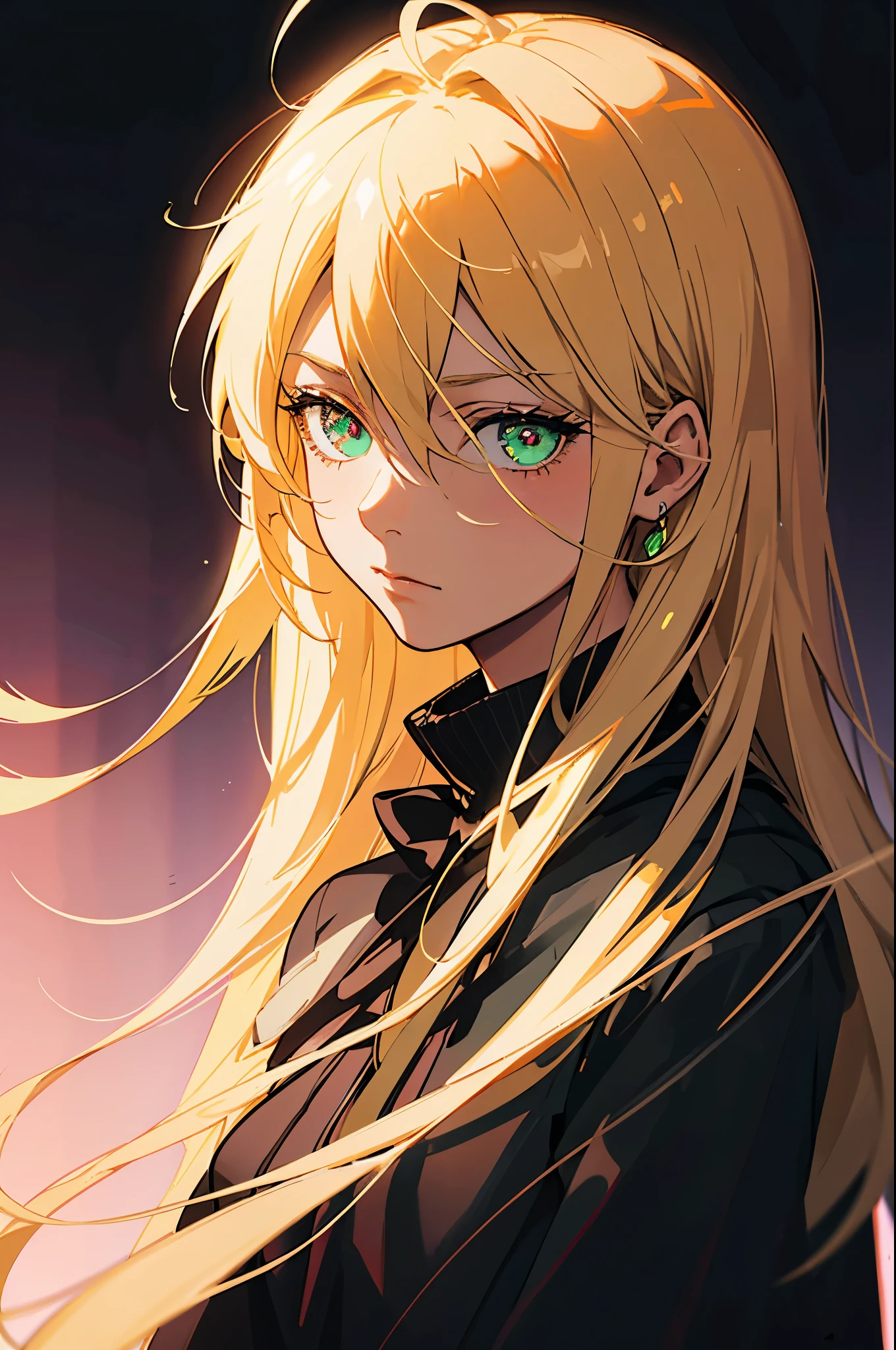 schönes Mädchen, Nahaufnahme, Dunkelheit, dunkles Bild, Blondes Haar, grüne Neonaugen, die im Dunkeln leuchten, Dunkelheit, schwarzer Hintergrund, Lichtschein auf der Seite des Haares und des Gesichts, Anime Bild, perfekt symmetrische Augen und Pupillen