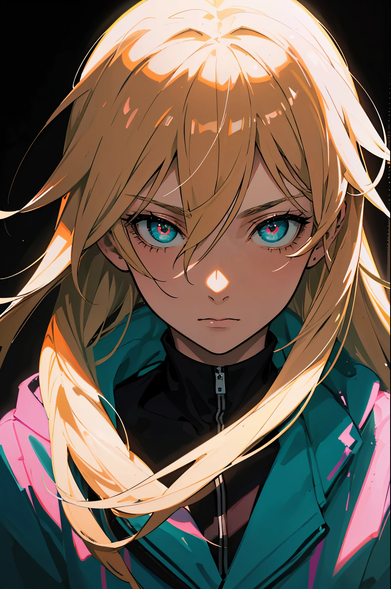 Belle fille, Fermer, obscurité, image sombre, cheveux blond, yeux verts au néon qui brillent dans le noir, obscurité, fond noir, léger éclat sur le côté des cheveux et du teint, image d&#39;anime, yeux et pupilles parfaitement symétriques