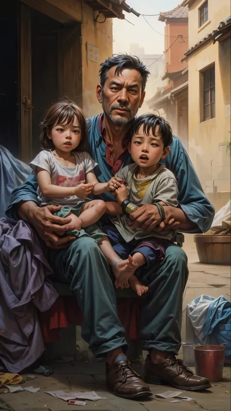 there is a man sitting on a bench with two children, by Liang Kai, by Ji Sheng, by Bian Jingzhao, yanjun chengt, by Lin Liang, b...