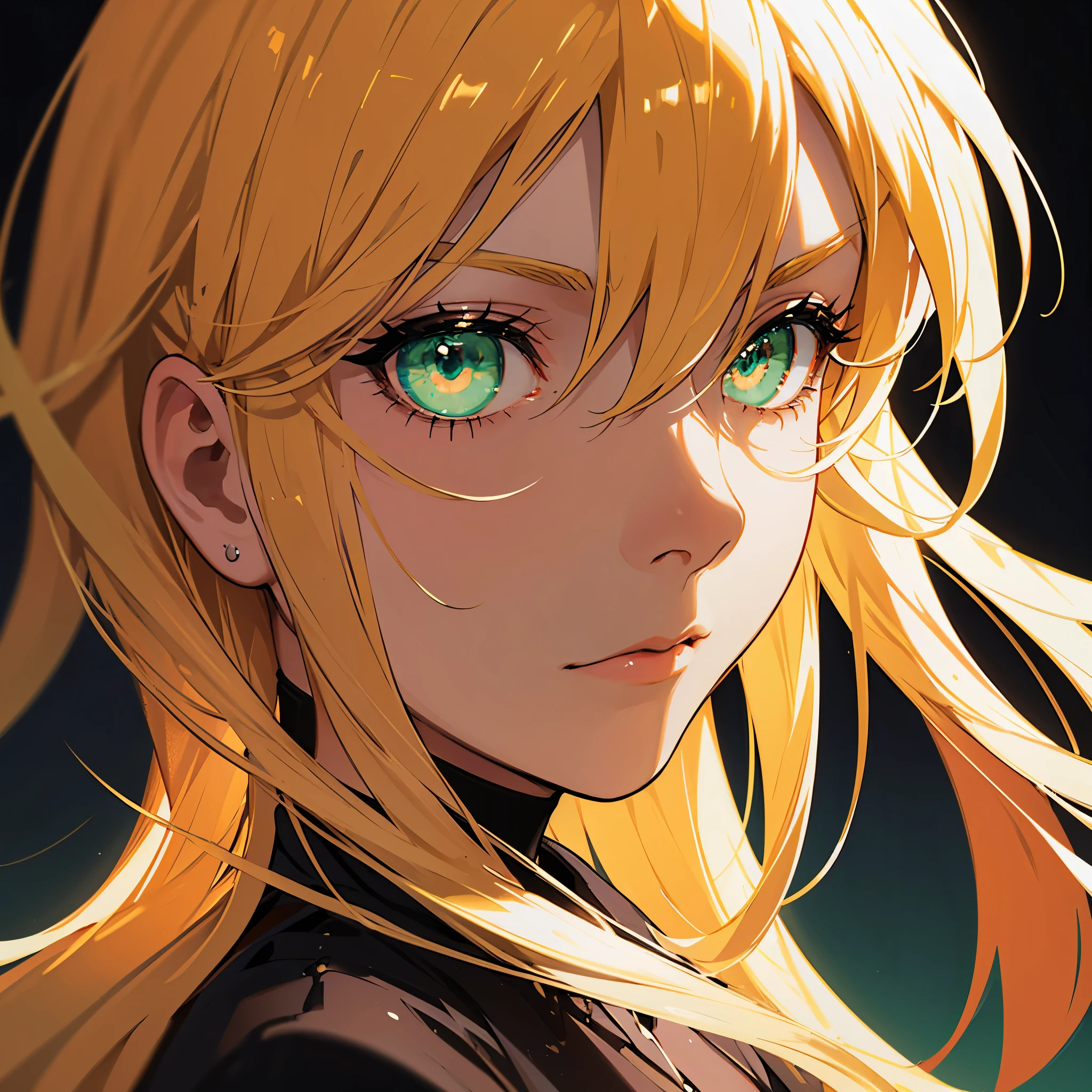 beautiful girl, close-up, darkness, dark picture, blonde hair, green neon eyes glowing in the dark, darkness, black background, light shine on the side of hair and fase, anime picture, perfect symmetrical eyes and pupils, mysterious look