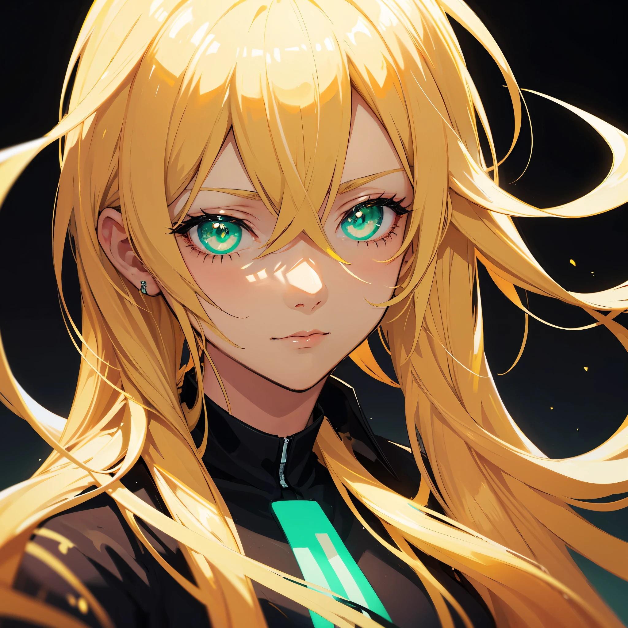 Belle fille, Fermer, obscurité, image sombre, cheveux blond, yeux verts au néon qui brillent dans le noir, obscurité, fond noir, léger éclat sur le côté des cheveux et du teint, image d&#39;anime, yeux et pupilles parfaitement symétriques, regard mystérieux