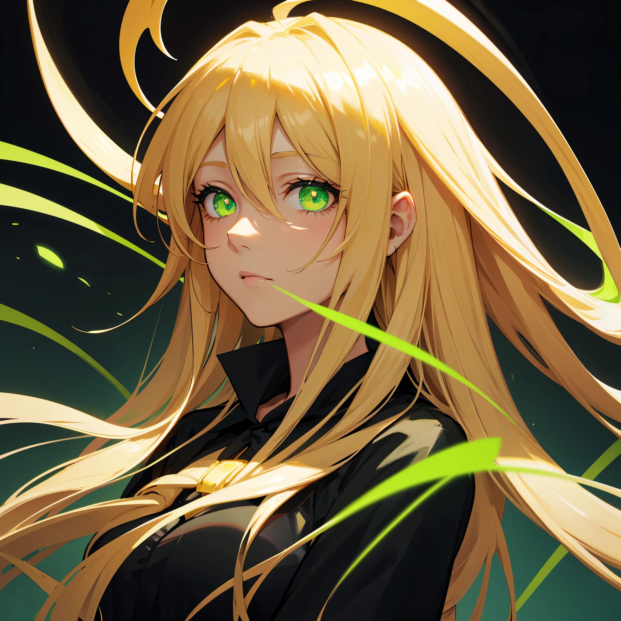 schönes Mädchen, Nahaufnahme, Dunkelheit, dunkles Bild, Blondes Haar, grüne Neonaugen, die im Dunkeln leuchten, Dunkelheit, schwarzer Hintergrund, Lichtschein auf der Seite des Haares und des Gesichts, Anime Bild, perfekt symmetrische Augen und Pupillen, geheimnisvoller Blick