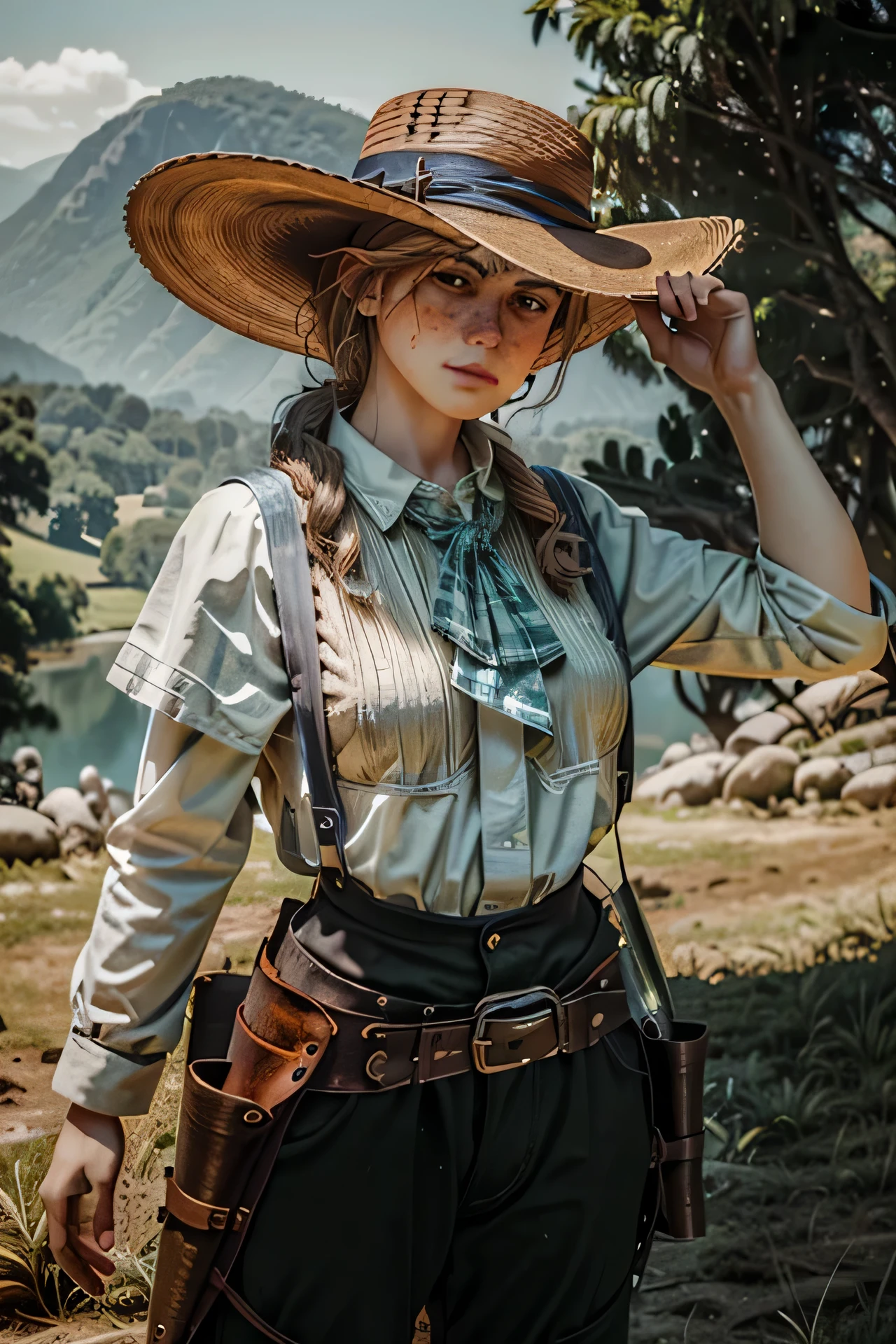 ((ultra detalhado, obra de arte, melhor qualidade))
RDR2Sadie, 1 garota, Sozinho, Cabelo loiro, Em meio a uma paisagem de pradaria, wide-brimmed hat, a luz do sol da hora dourada banhando o campo aberto, standing with hand on a holstered revolver