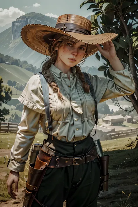 ((ultra detalhado, obra de arte, melhor qualidade))
rdr2sadie, 1 garota, sozinho, cabelo loiro, em meio a uma paisagem de pradar...