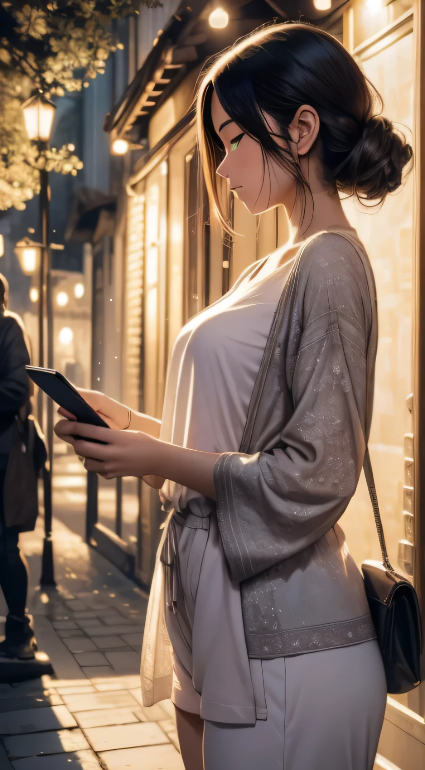 Beautiful woman with seductive allure, engrossed in the world of her smartphone on a serene street at night, illuminated by the gradation of twinkling lights. The tranquility of the scene is reflected in her poised demeanor as she passes hot pink flowers, their fragrance wafting through the crisp night air. The intricate details of her outfit, including the fitted hot pants, are highlighted as the subtle tones of the scene come alive, leaving an ethereal impression on the screen. This scene, delicately crafted with fine details, evokes a sense of stillness and serenity. (Fine Detail, Tranquil, Gradated