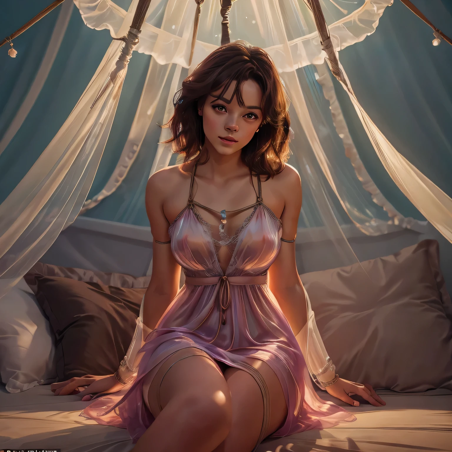 1girl,(bright lighting,romantic setting),dreamy background,,dark hair, mesmerizing gaze, , soft skin, alluring beauty, artistic portrait, high-quality image, vibrant colors,translucent long silk gown, mosquito net, lying down, romantic bedroom, sidesuspension