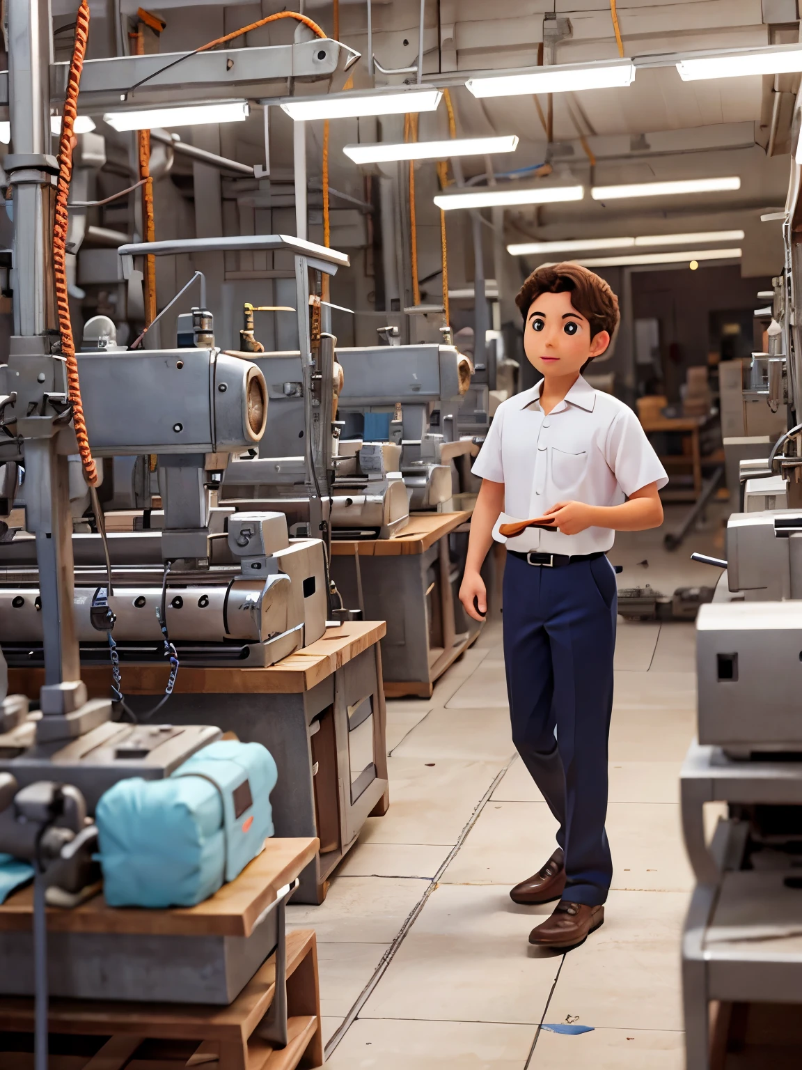 Santiago, en su primer día de trabajo en una fábrica textil, observando las máquinas con curiosidad.