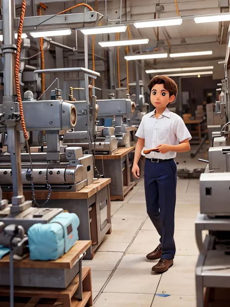 Santiago, on his first day of work in a textile factory, observing the machines with curiosity.