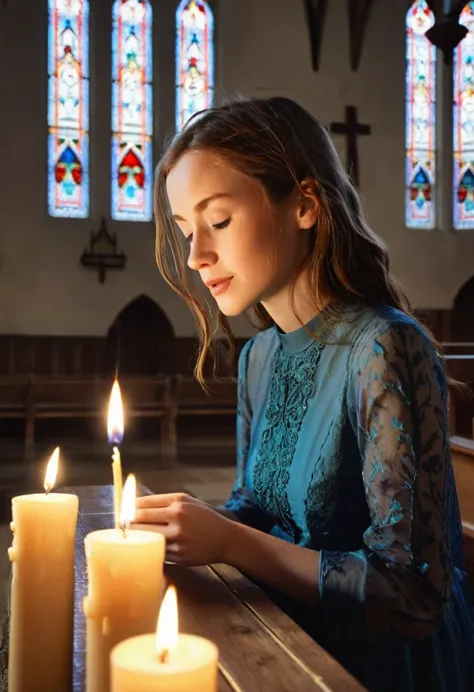 (best quality,4k,highres:1.2),ultra-detailed,(realistic,photorealistic:1.37),emily lighting a candle in the church,peaceful atmo...