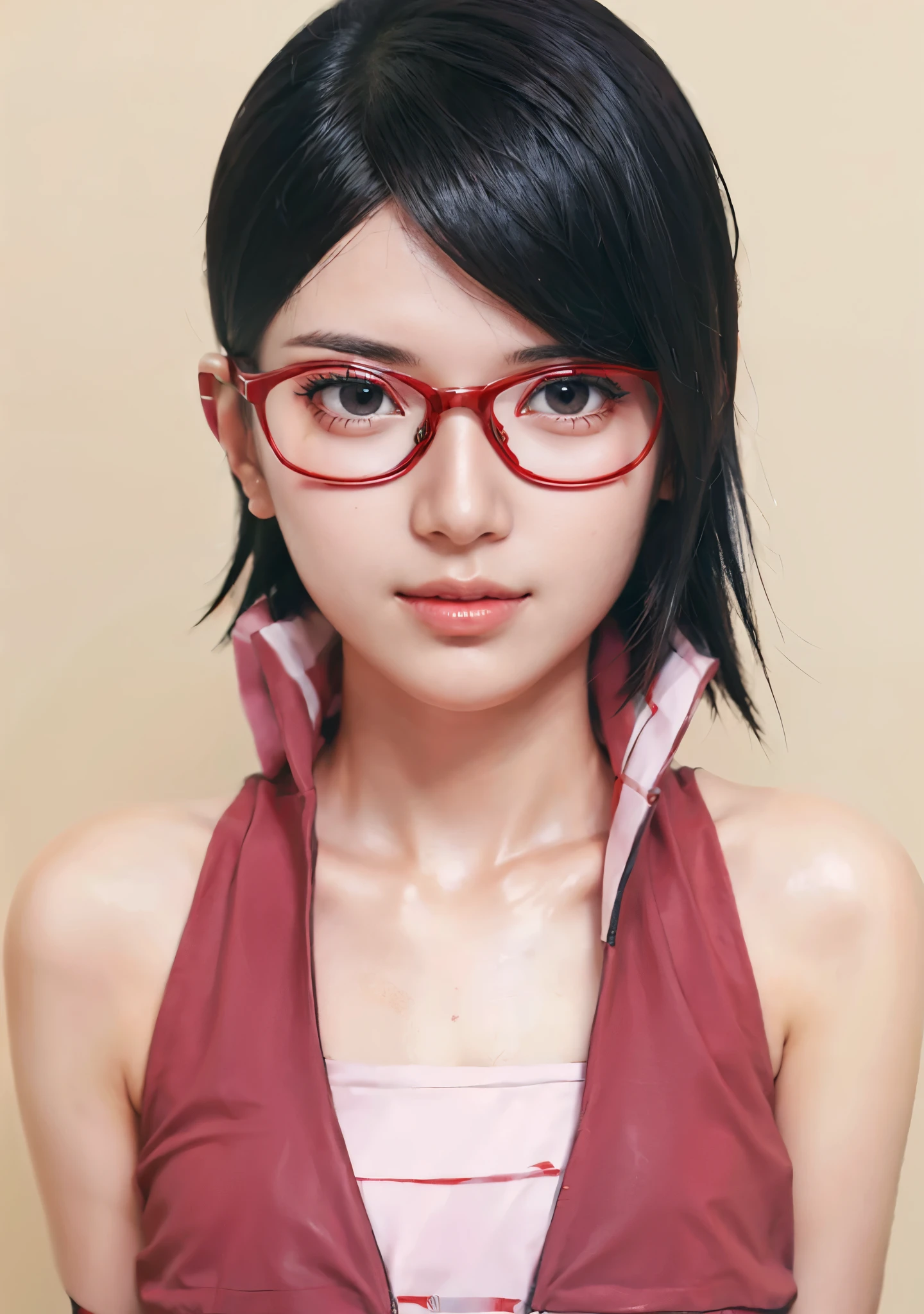 1girl, sarada in anime boruto thenextgeneration, short hair, black hair, red eyes, red clothes, realistic clothes, beautiful, wear glasses red, background city, realistic, ultra detail, smile