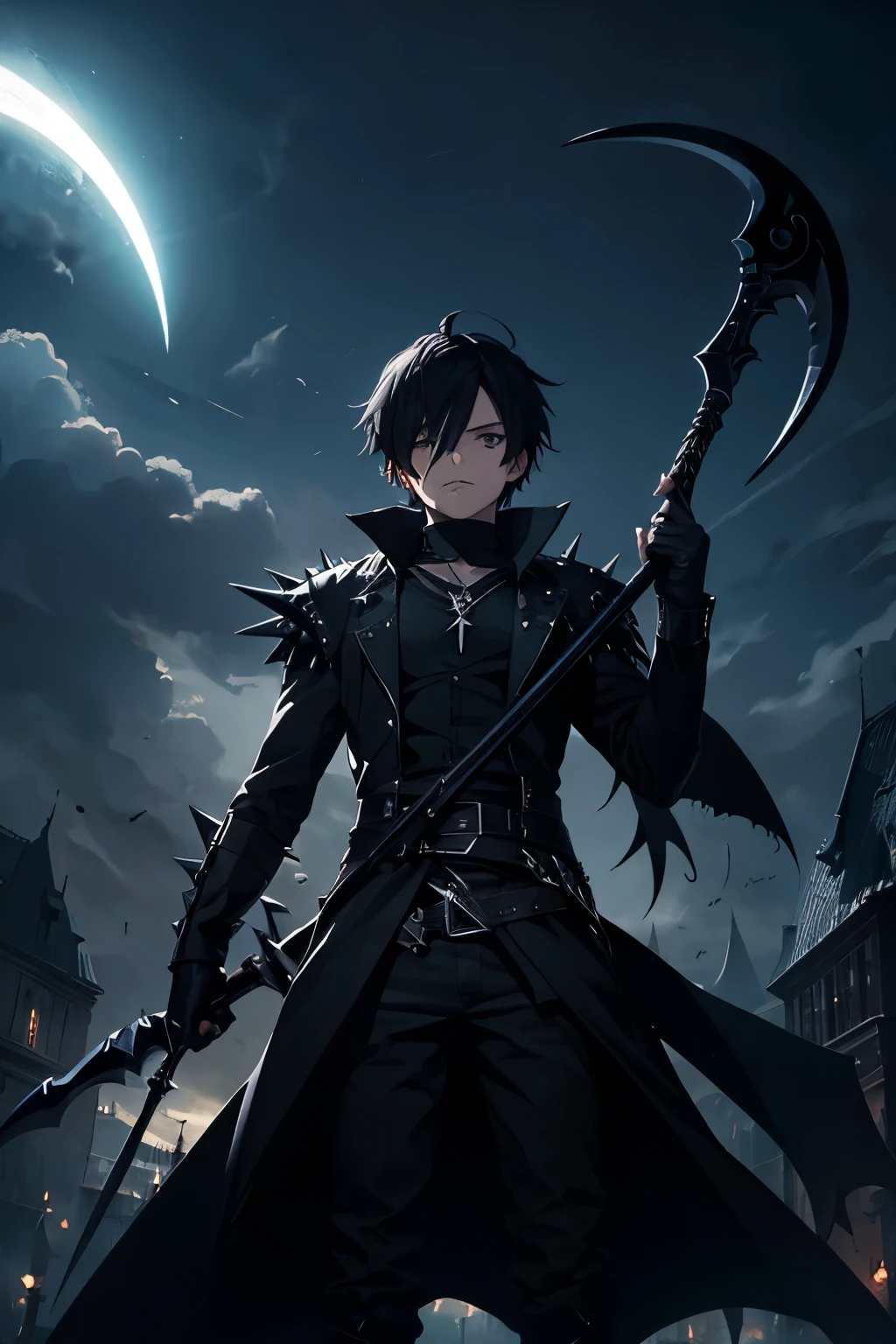 (Best Quality), Dark Fantasy, Dual scythe, Magical demon boy, Gothic, spikey Hair, Ultra Detailed, High Definition, Anime,  