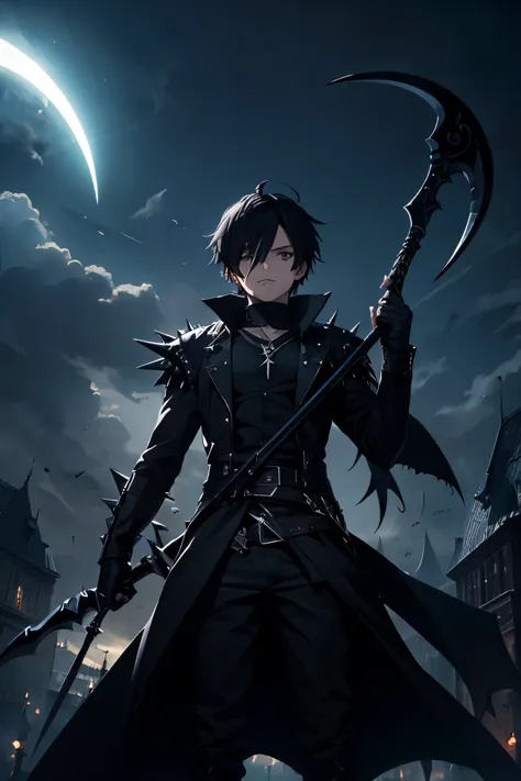 (best quality), dark fantasy, dual scythe, magical demon boy, gothic, spikey hair, ultra detailed, high definition, anime,