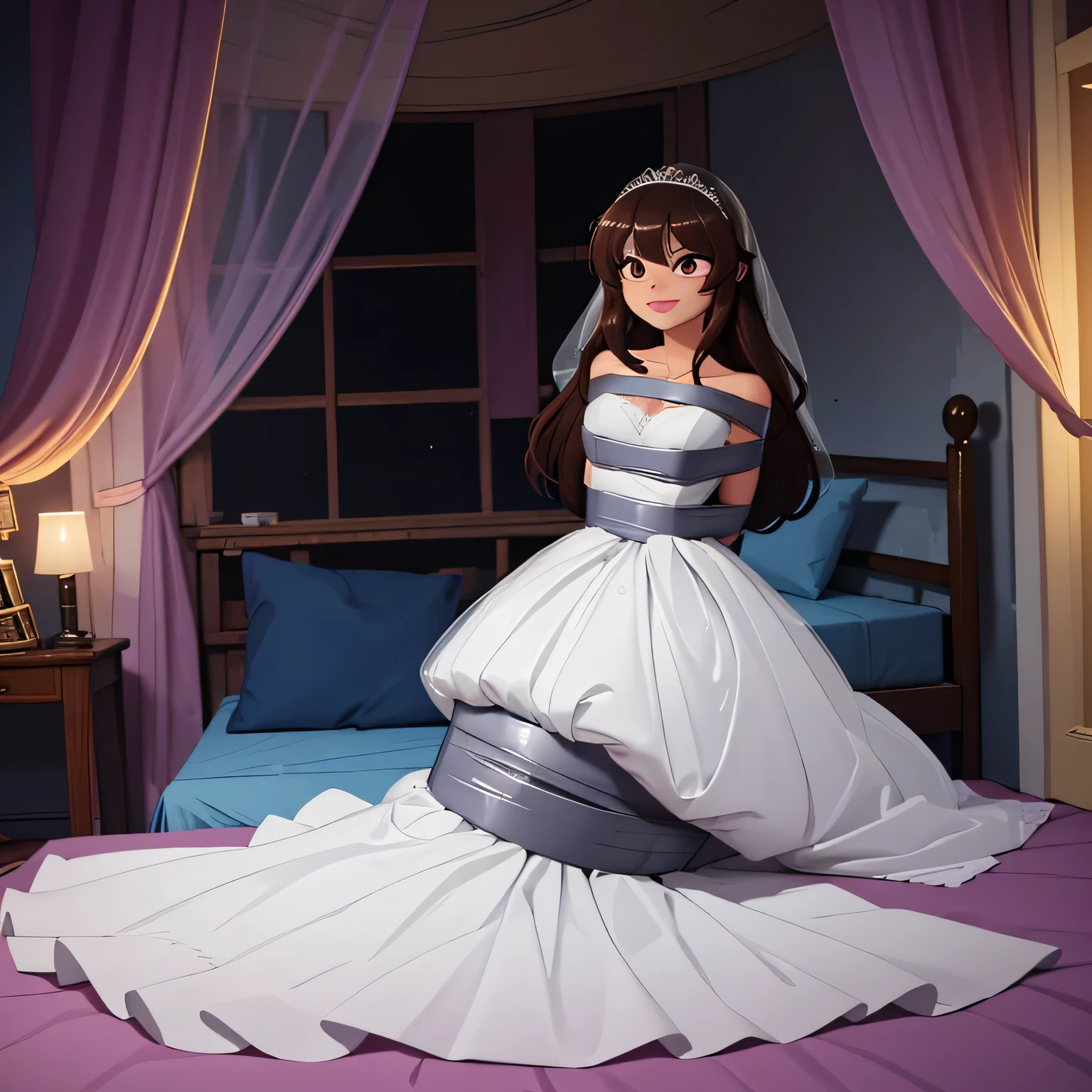 There is a woman in a wedding dress sitting on a bed - SeaArt AI