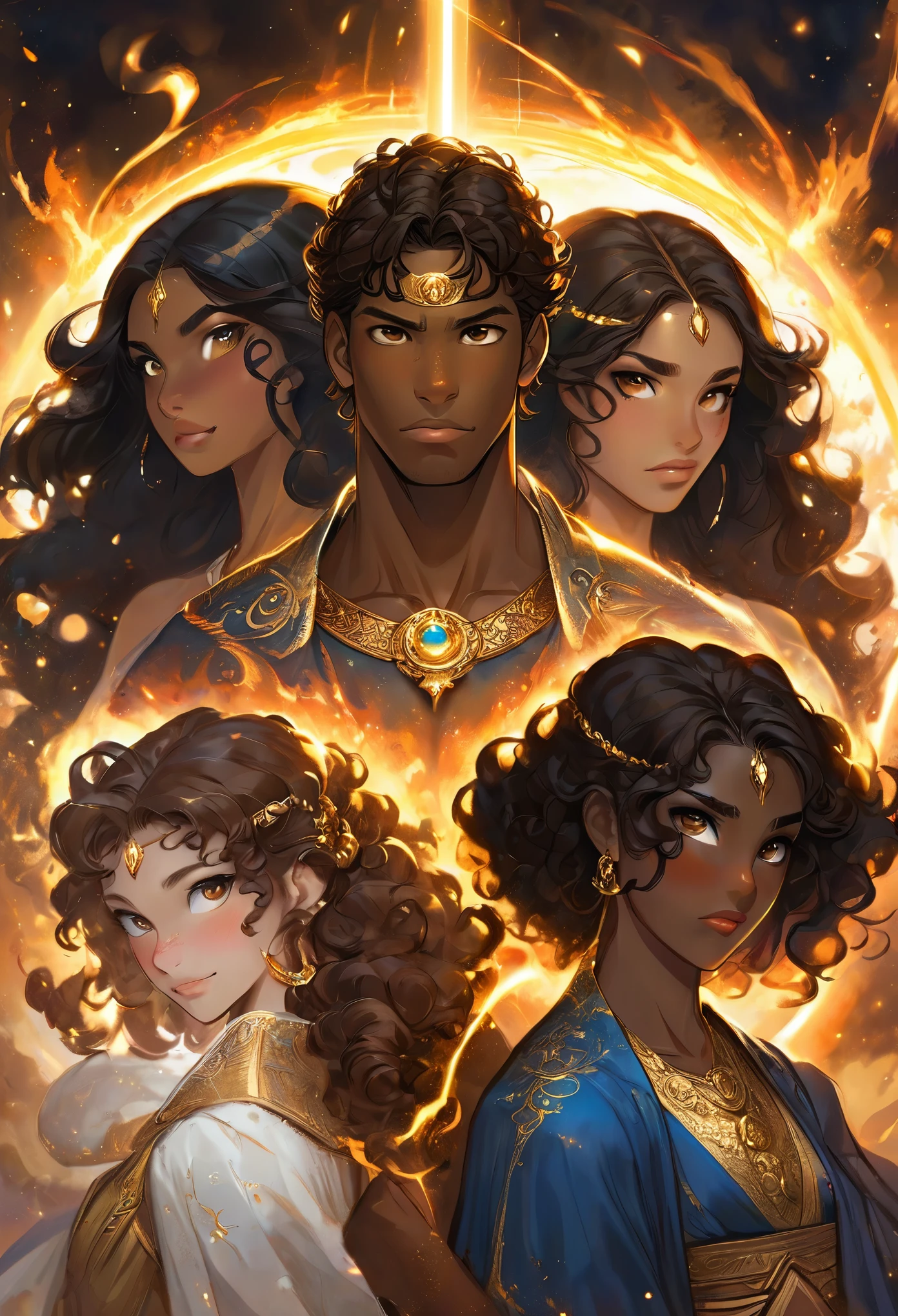 In a celestial landscape, four people dressed luxuous, differents faces, they are all darkskin, (((young, in 20's))) (((two brown skin men and two brown skin woman))), (((two young brown skin long dark hair duke:1.3))), (((one brown skin dark hair pregnant1.5 woman))) and (((one short brown hair woman1.3))), (they are two différent and separate couple1.2). (Two couple of four people:1.2). The first couple is a brown skin duke long dark curly hair with a short dark long hair woman. The second couple is a brown skin duke curly dark hair with a short brown hair woman, (((short dark hair brown skin woman and brownskin:1.5))) trying to kill him with energetic powers,  a gods lances, arcs and lances, dangerous scene, war, battle, chaotic war, destructions, gods war, impressive war
