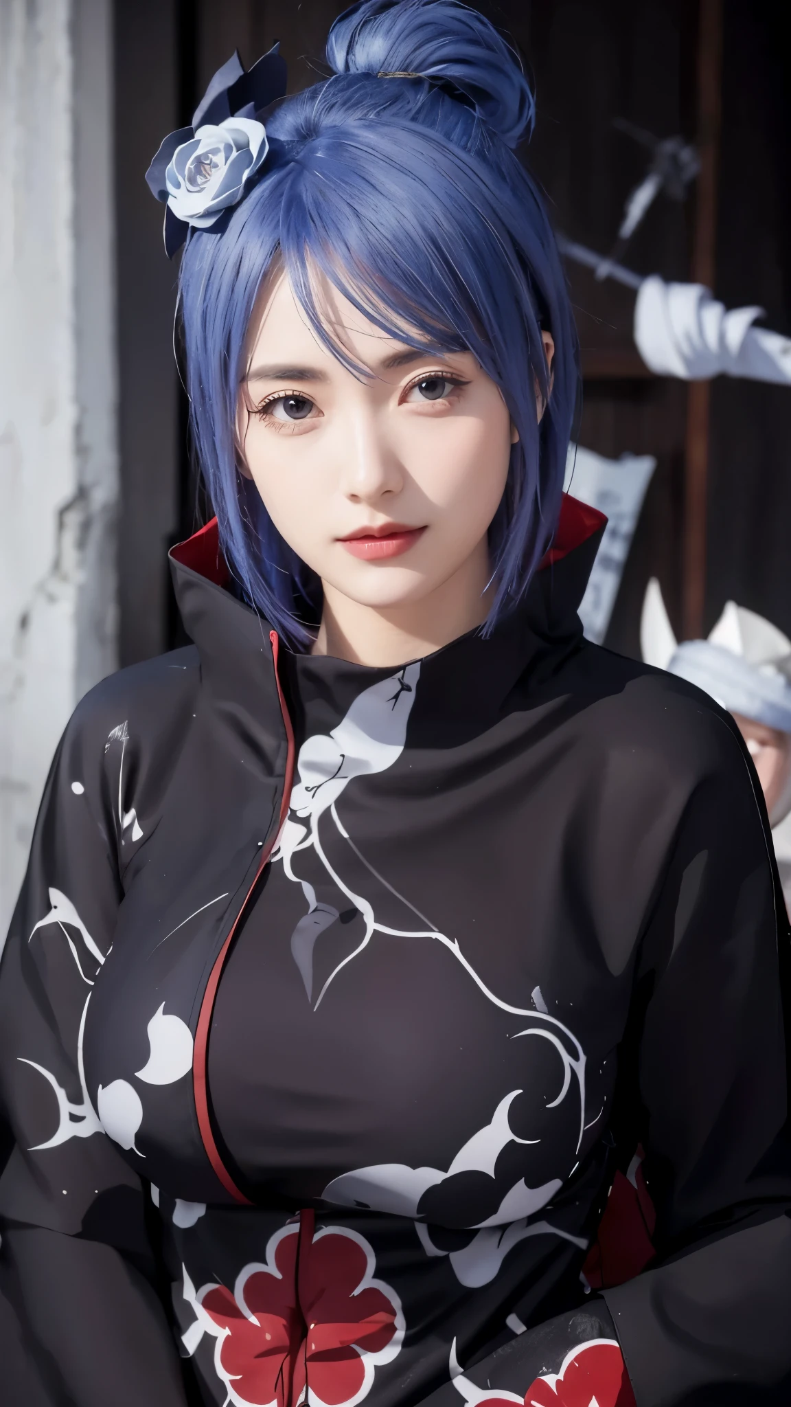 （（（Akatsuki-Outfit，Xiao-Kleidung, Ninja, Schwarzer Umhang,schwarzer Mantel, （（（schwer，die Frau \(Naruto\),die Frau, Blaue Haare, Orangefarbene Pupillen, Kurzes Haar, Haarverzierung, Blume, hair Blume, ））），（（（Breite Hüften））），S-förmiger Körper:1.7））），((Meisterwerk)),Hohe Auflösung, ((Best Qualität at best))，Meisterwerk，Qualität，Best Qualität，（（（ exquisite Gesichtszüge，Blick ins Publikum,Es gibt Licht in den Augen，schüchtern，erröten，Schmerz，aushalten ））），（（（Licht und Schatten verflechten sich，super gigantisch ，Dekollete））），（（（Blick in die Kamera，von unten，Nachschlagen，低头Blick in die Kamera，weißes Papier airplane，weißes Papier，Hände in Ärmeln versteckt）））realistisch ,perffeck charater , schöne Haut ,süßes Mädchen