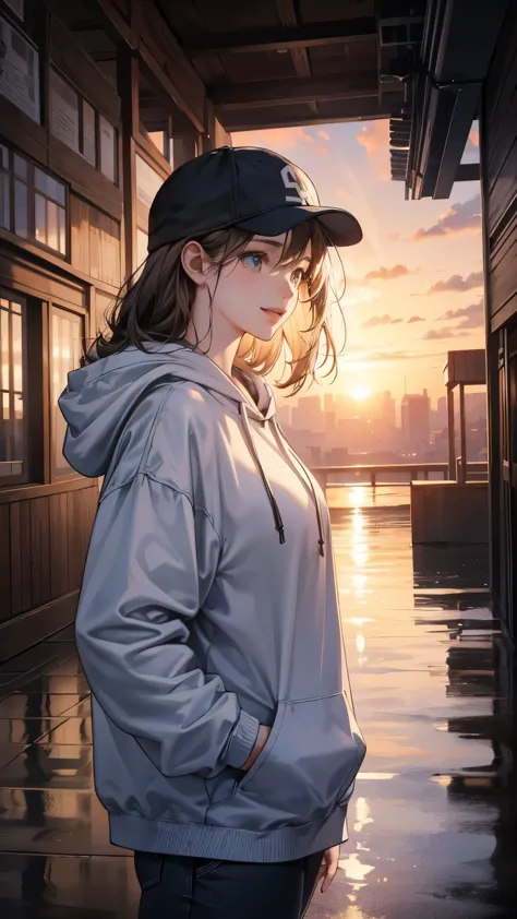 cinematic artwork of a woman walking alone, (she is looking up:1.3, wearing a hoodie, wearing a sports hat, laughing, hands in t...