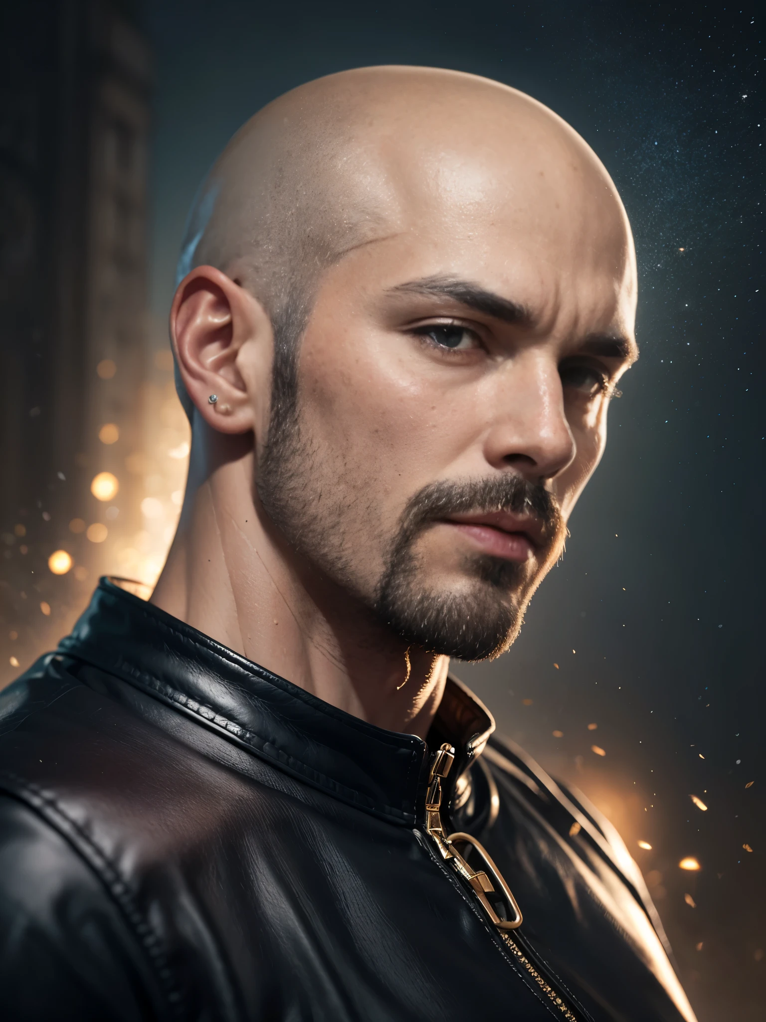 1 male, 40yo, bald, shaved head, brown eyes, tall, very muscular, wearing leather pants, wearing sheepskin vest, shirtless, thin braided mustache and beard, piercings, ultra high resolution, detailed face, desert background, candlelit, particle effects, dynamic lighting, lights, volumetric light, realistic, intricate details, everything in razor sharp focus, solo, Photograph, masterwork, 12K, ultra-defined, intricate details, absurdres, hyper-detailed, dark fantasy, particle effects, 
