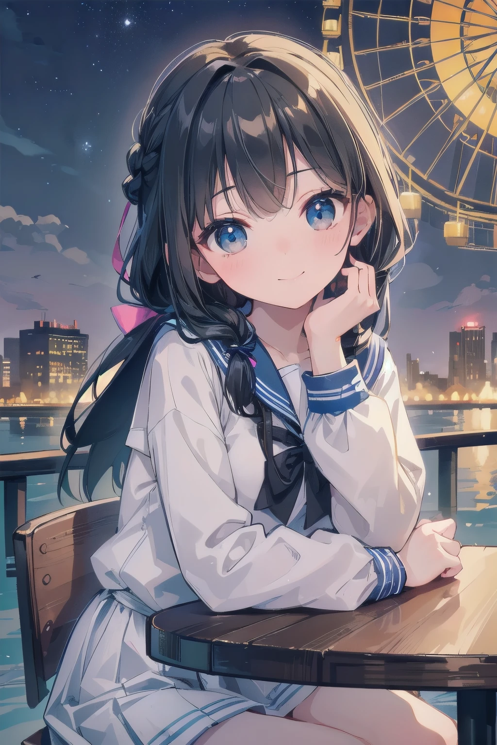 （In 8K, best quality, muste piece:1.2)、ultra high resolution,1 female 15 years old,Ultra High Resolution,ultra-detailed face, detailed eyes,smile,school uniform, sailor suit,french braid,((hands up, elbows on table, face palm)),(Sidelit,Neon Light),black hair,night view,round table,((sitting in a chair overlooking the ferris wheel))